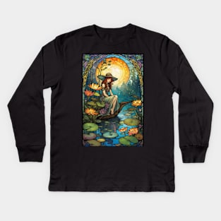 Stained Glass Girl At Lily Pond Kids Long Sleeve T-Shirt